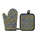 Blue And Yellow Banana Pattern Print Oven Mitt And Pot Holder Set