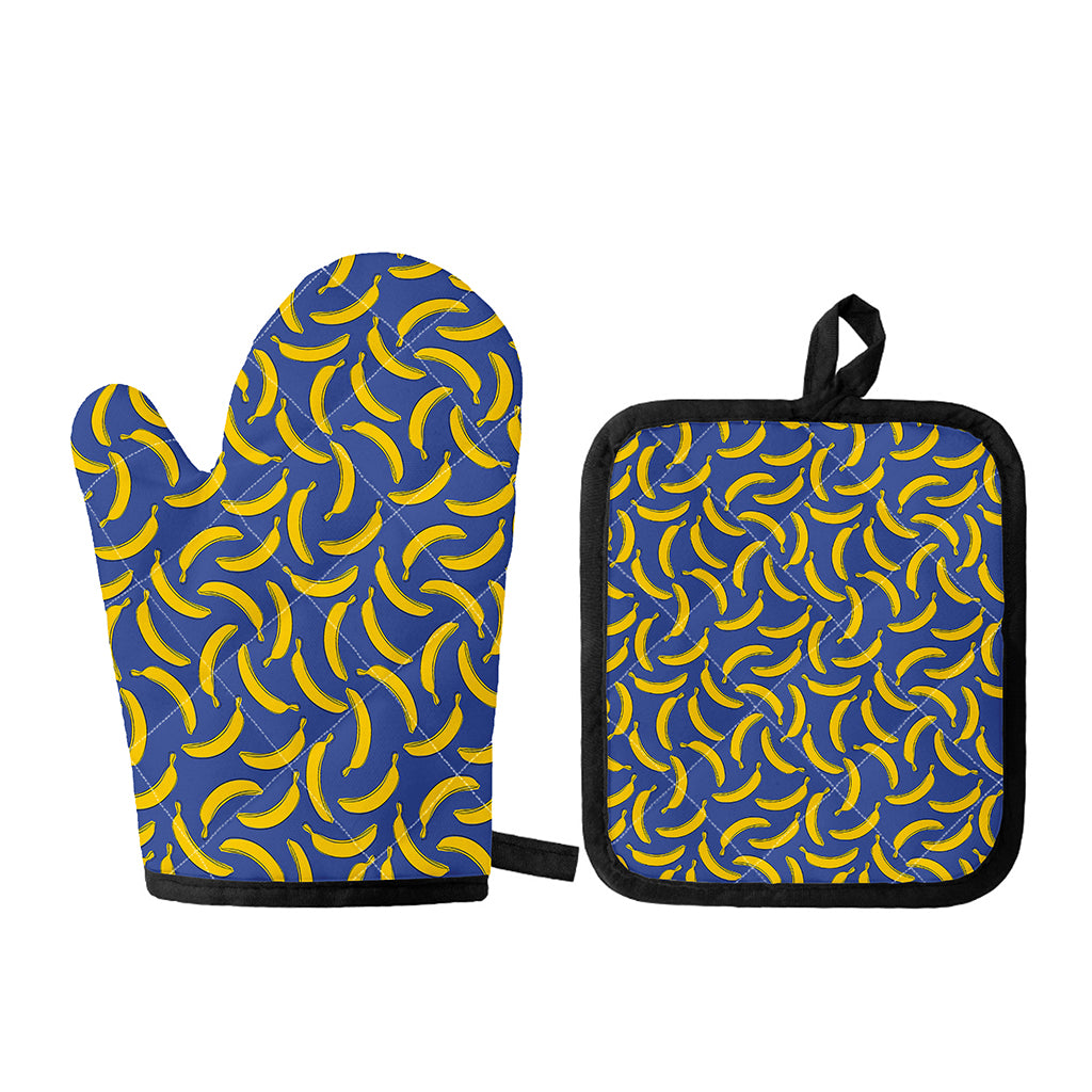 Blue And Yellow Banana Pattern Print Oven Mitt And Pot Holder Set