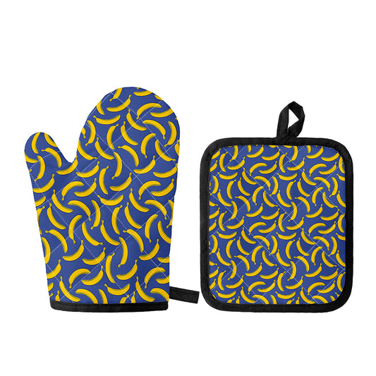 Blue And Yellow Banana Pattern Print Oven Mitt And Pot Holder Set