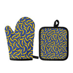 Blue And Yellow Banana Pattern Print Oven Mitt And Pot Holder Set