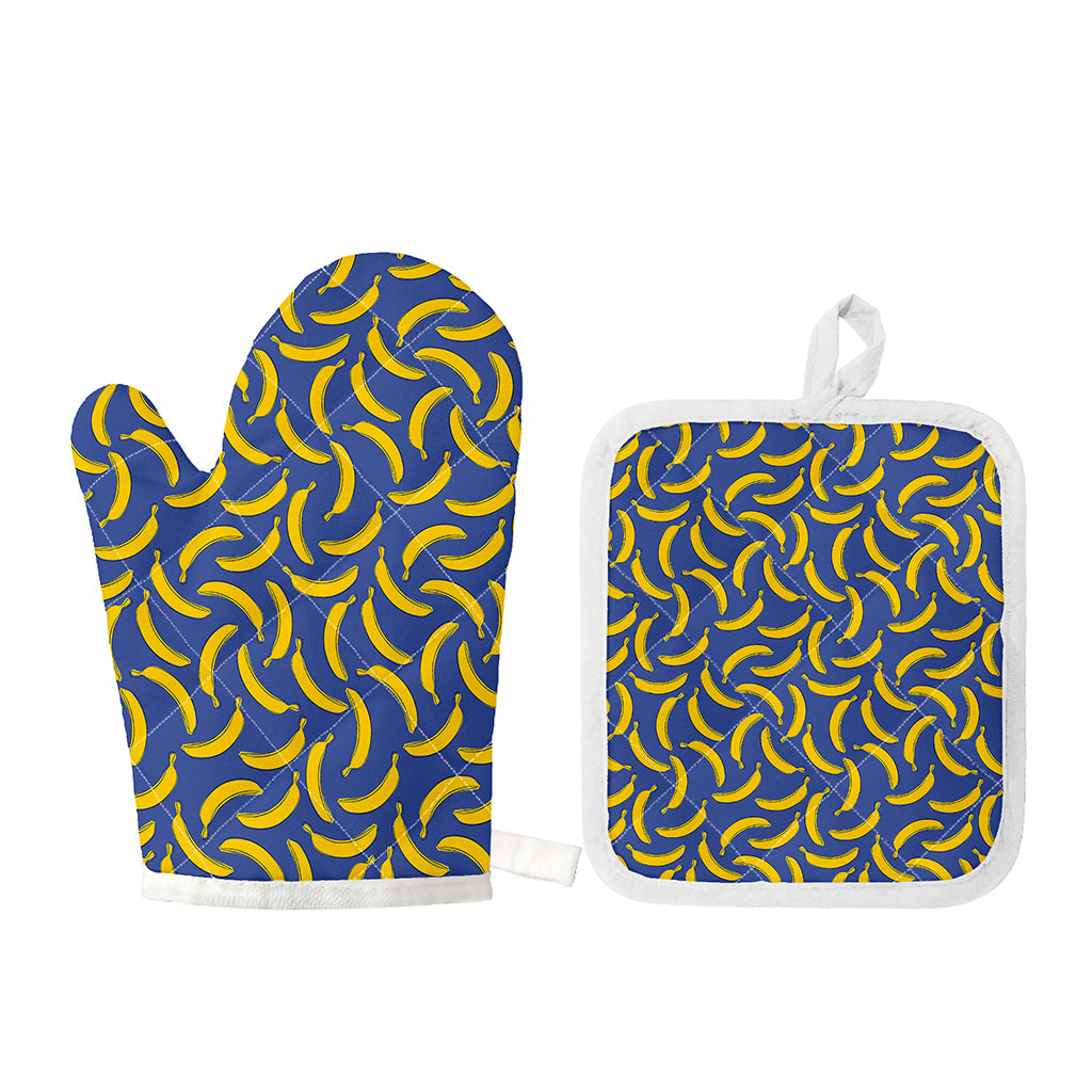 Blue And Yellow Banana Pattern Print Oven Mitt And Pot Holder Set