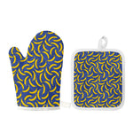Blue And Yellow Banana Pattern Print Oven Mitt And Pot Holder Set