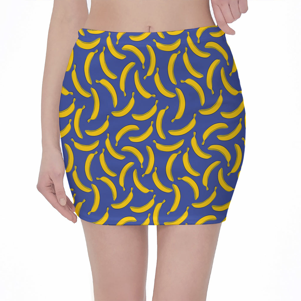 Blue And Yellow Banana Pattern Print Pencil Mini Skirt