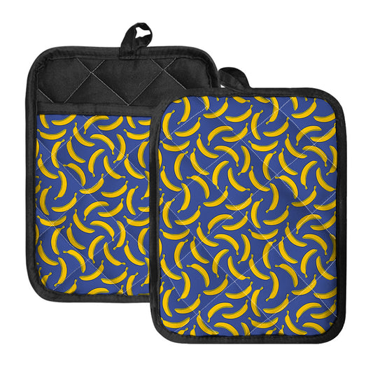 Blue And Yellow Banana Pattern Print Pot Holders With Pocket