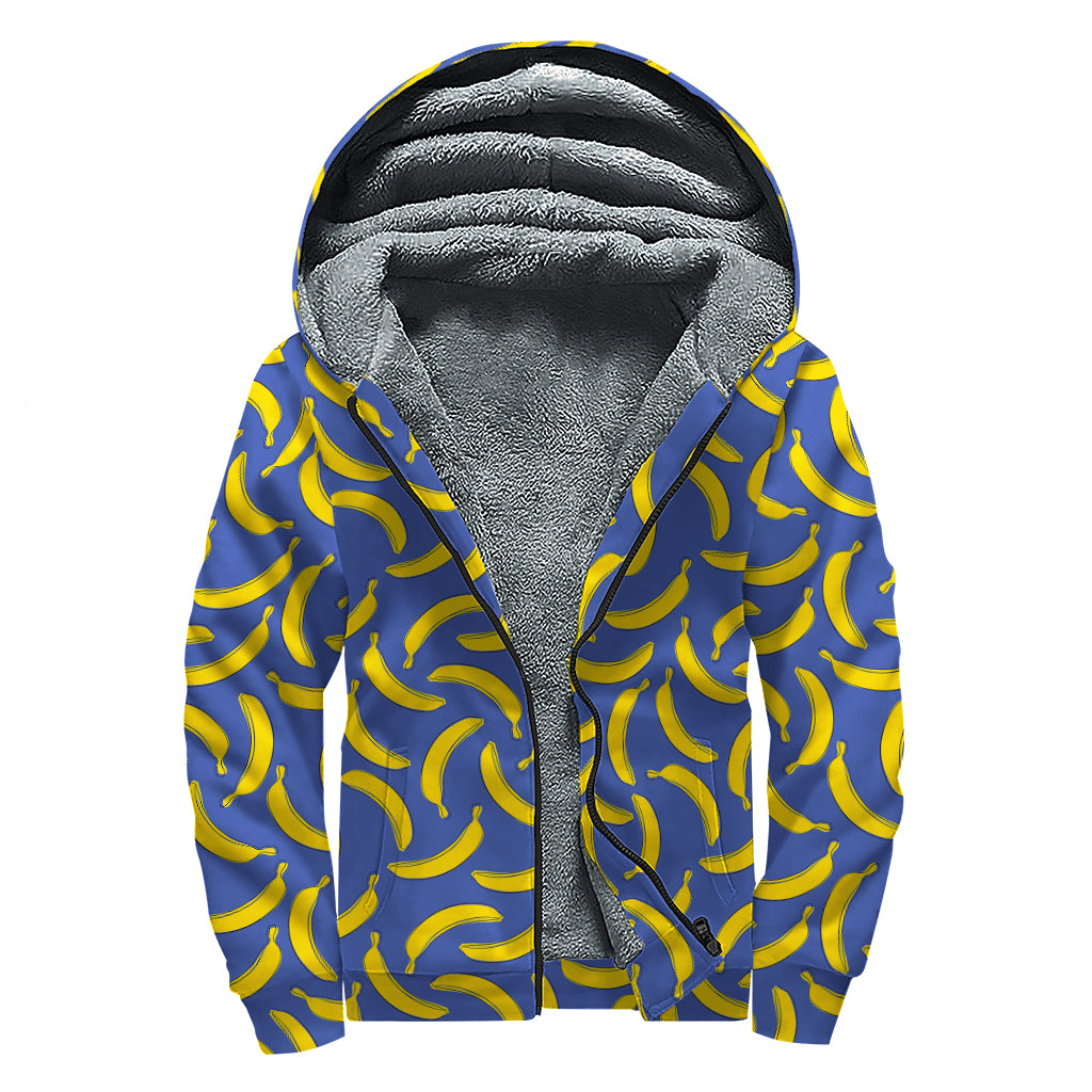 Blue And Yellow Banana Pattern Print Sherpa Lined Zip Up Hoodie