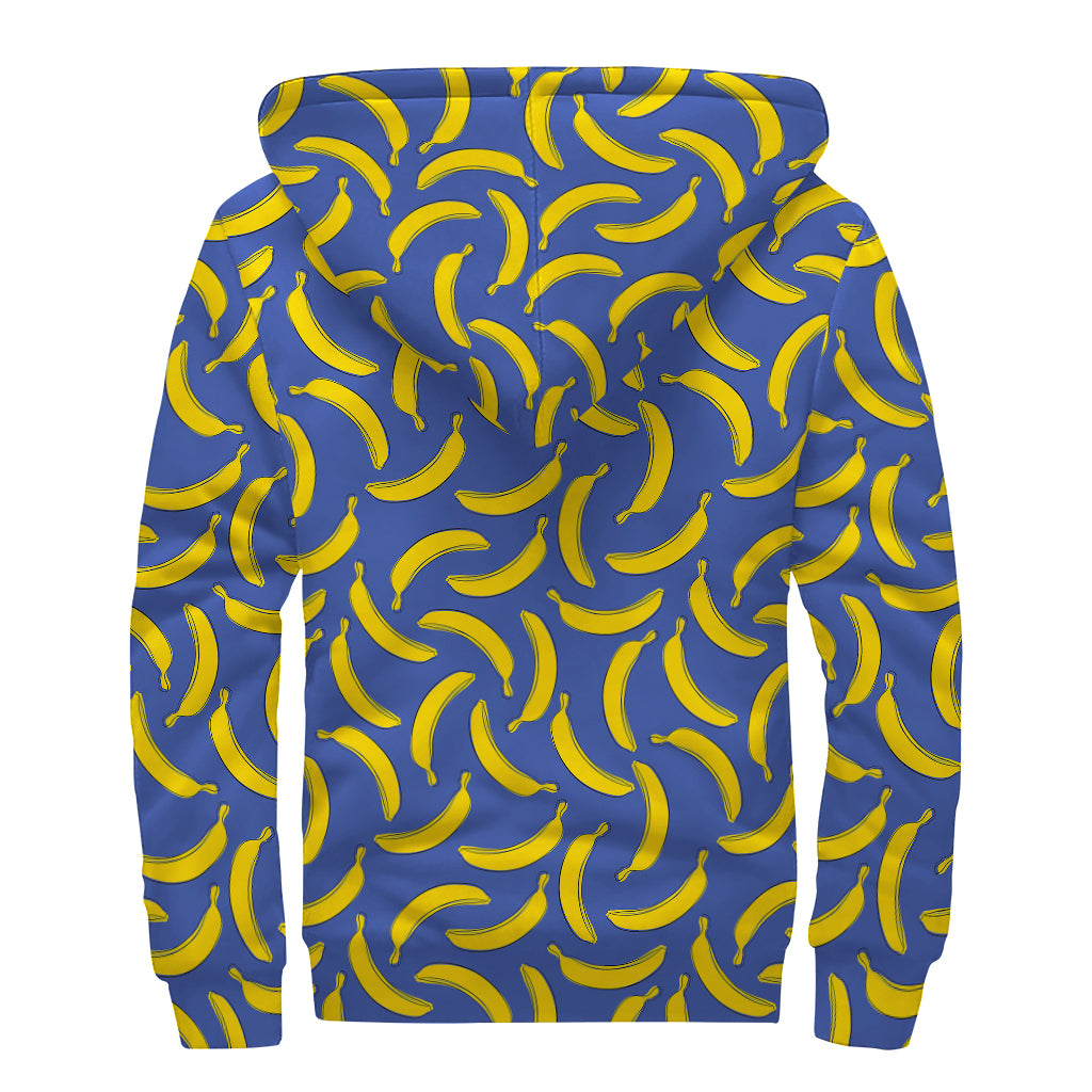 Blue And Yellow Banana Pattern Print Sherpa Lined Zip Up Hoodie