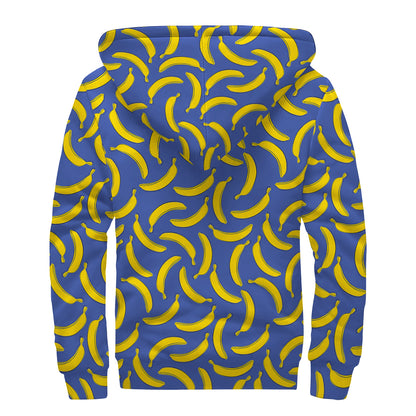 Blue And Yellow Banana Pattern Print Sherpa Lined Zip Up Hoodie