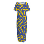 Blue And Yellow Banana Pattern Print Short Sleeve Long Nightdress