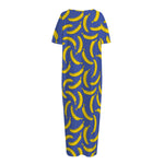 Blue And Yellow Banana Pattern Print Short Sleeve Long Nightdress