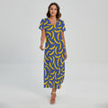 Blue And Yellow Banana Pattern Print Short Sleeve Maxi Dress