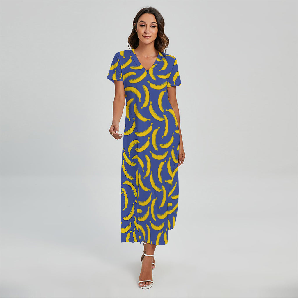 Blue And Yellow Banana Pattern Print Short Sleeve Maxi Dress