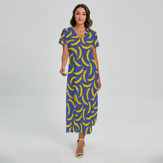 Blue And Yellow Banana Pattern Print Short Sleeve Maxi Dress