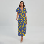 Blue And Yellow Banana Pattern Print Short Sleeve Maxi Dress
