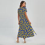 Blue And Yellow Banana Pattern Print Short Sleeve Maxi Dress