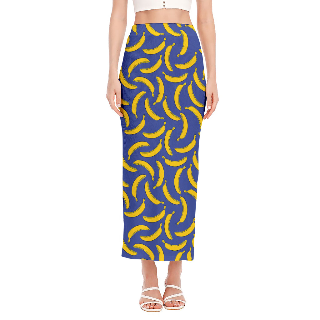 Blue And Yellow Banana Pattern Print Side Slit Maxi Skirt