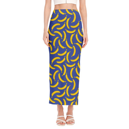 Blue And Yellow Banana Pattern Print Side Slit Maxi Skirt