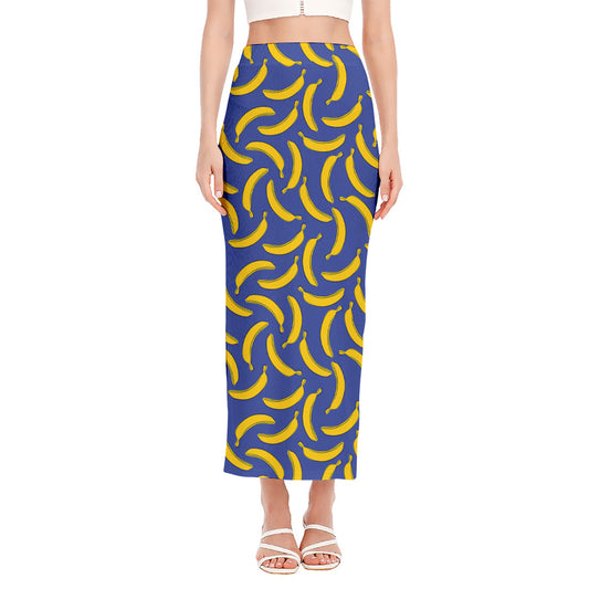 Blue And Yellow Banana Pattern Print Side Slit Maxi Skirt