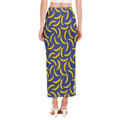 Blue And Yellow Banana Pattern Print Side Slit Maxi Skirt