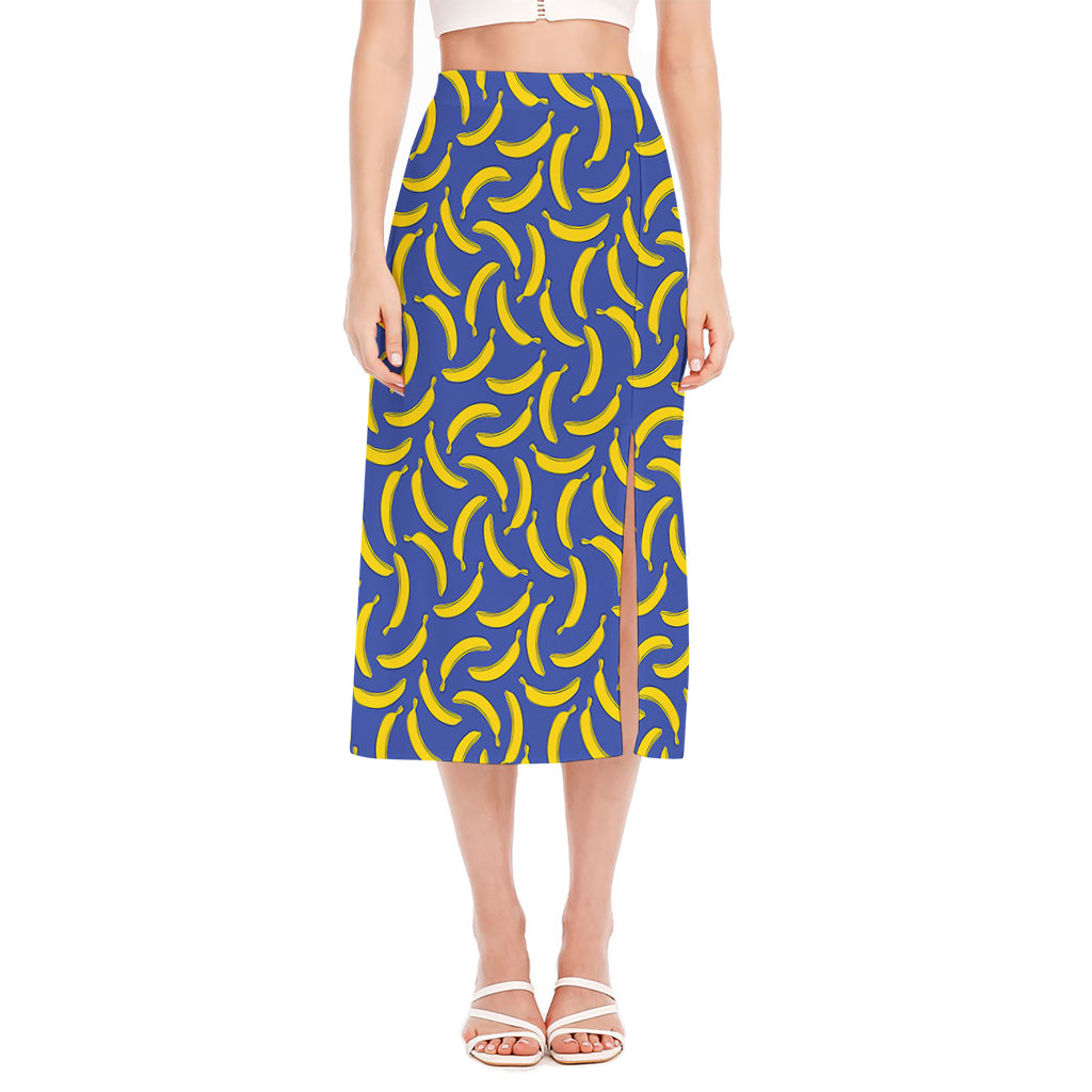 Blue And Yellow Banana Pattern Print Side Slit Midi Skirt