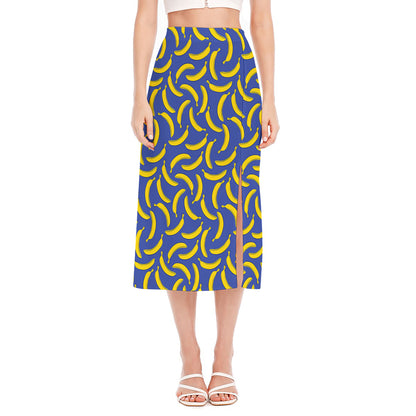 Blue And Yellow Banana Pattern Print Side Slit Midi Skirt