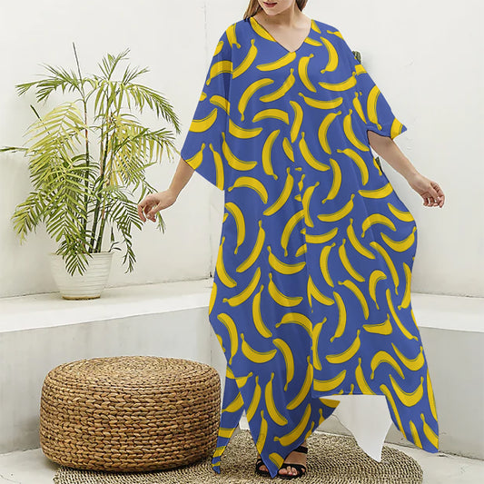 Blue And Yellow Banana Pattern Print Silk V-Neck Kaftan Dress
