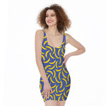 Blue And Yellow Banana Pattern Print Sleeveless Bodycon Dress