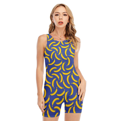 Blue And Yellow Banana Pattern Print Sleeveless One Piece Swimsuit