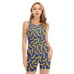 Blue And Yellow Banana Pattern Print Sleeveless One Piece Swimsuit