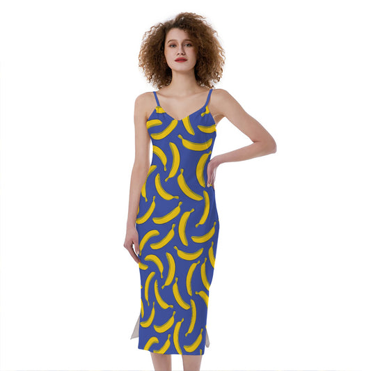 Blue And Yellow Banana Pattern Print Slim Fit Midi Cami Dress