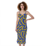 Blue And Yellow Banana Pattern Print Slim Fit Midi Cami Dress