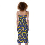Blue And Yellow Banana Pattern Print Slim Fit Midi Cami Dress