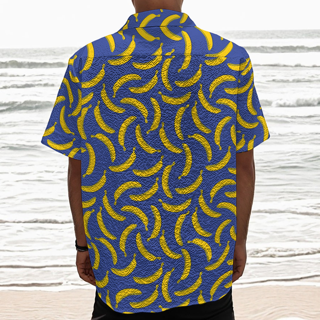 Blue And Yellow Banana Pattern Print Textured Short Sleeve Shirt