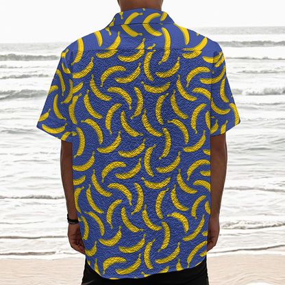 Blue And Yellow Banana Pattern Print Textured Short Sleeve Shirt