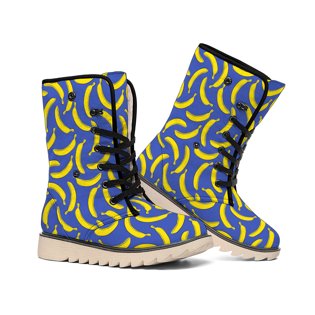 Blue And Yellow Banana Pattern Print Winter Boots