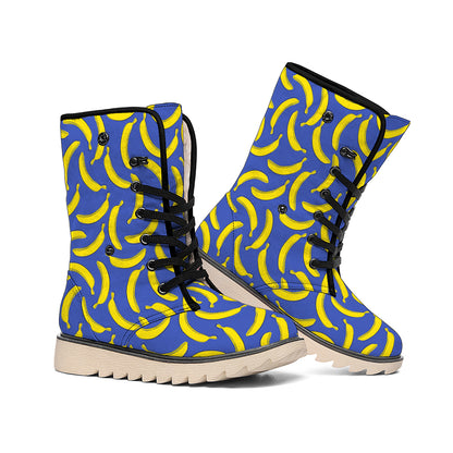 Blue And Yellow Banana Pattern Print Winter Boots