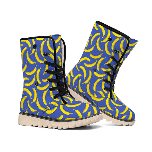 Blue And Yellow Banana Pattern Print Winter Boots