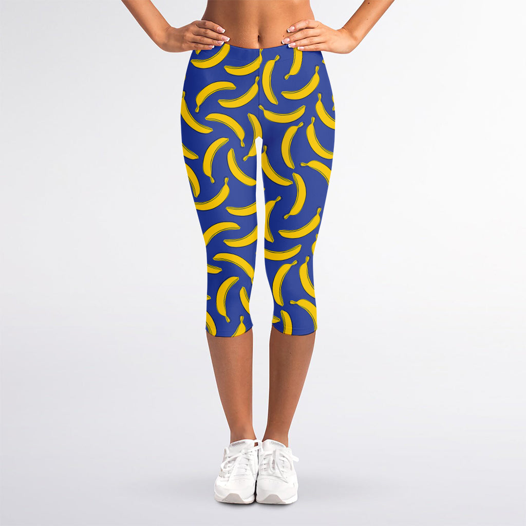Blue And Yellow Banana Pattern Print Women's Capri Leggings