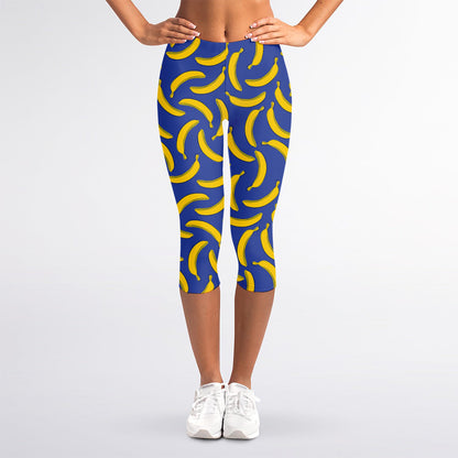 Blue And Yellow Banana Pattern Print Women's Capri Leggings