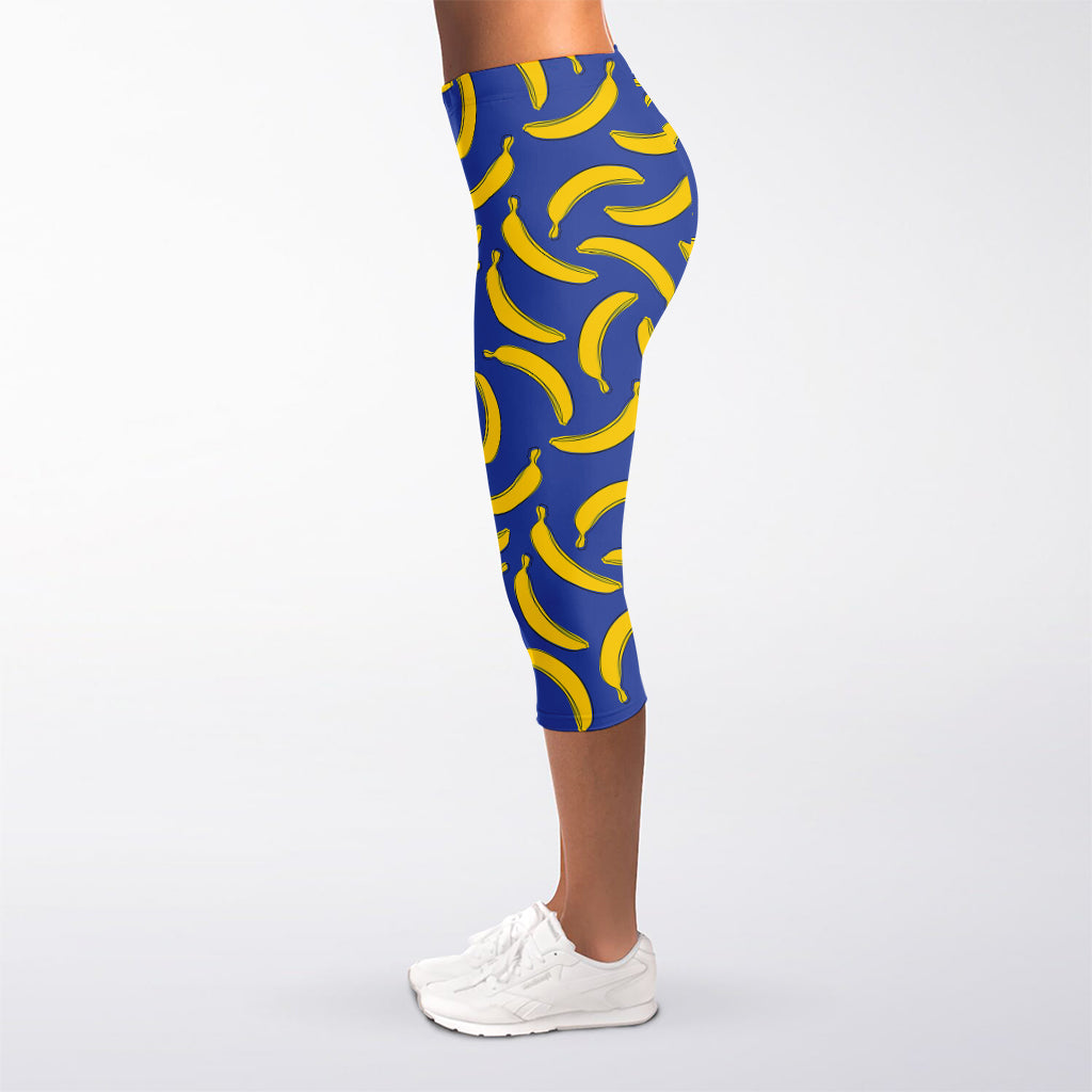 Blue And Yellow Banana Pattern Print Women's Capri Leggings