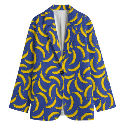 Blue And Yellow Banana Pattern Print Women's Cotton Blazer
