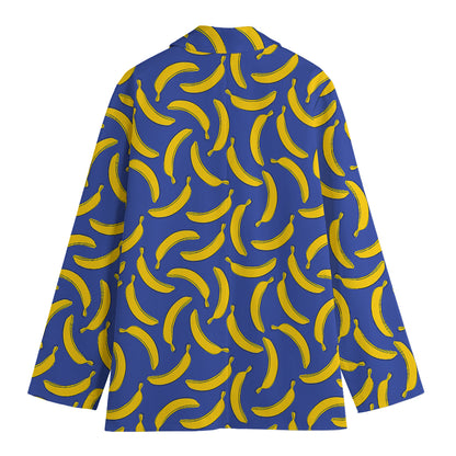 Blue And Yellow Banana Pattern Print Women's Cotton Blazer