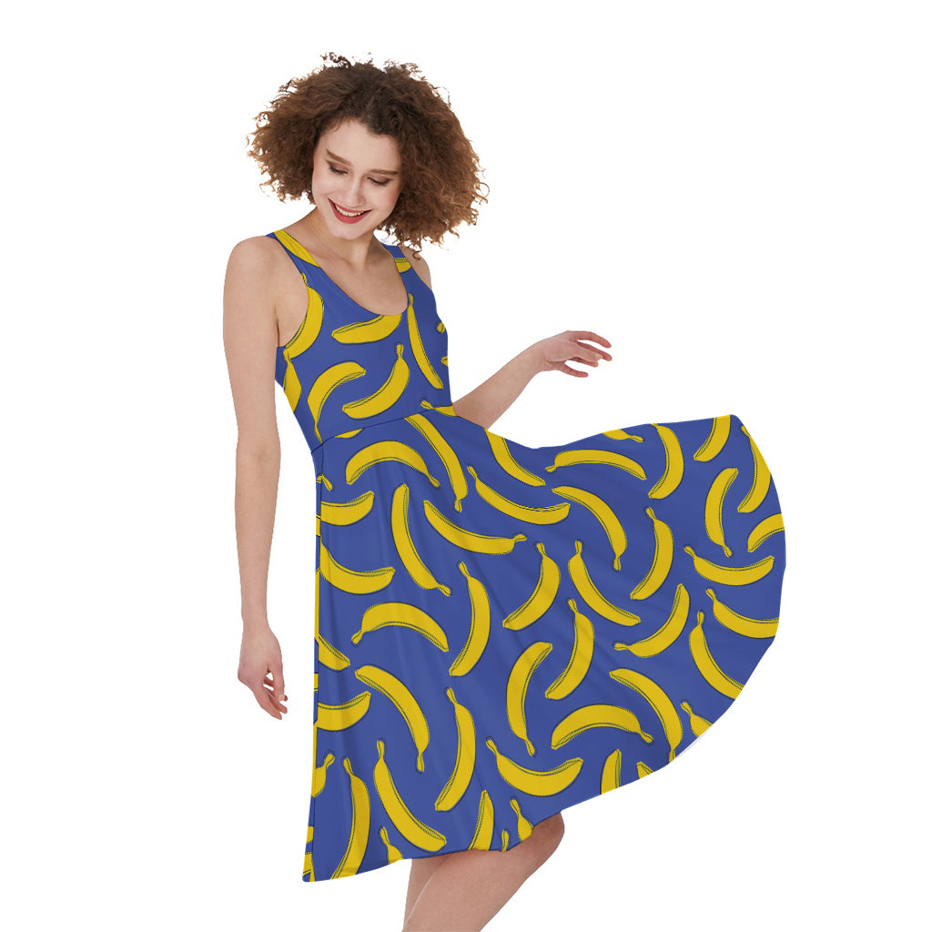 Blue And Yellow Banana Pattern Print Women's Sleeveless Dress