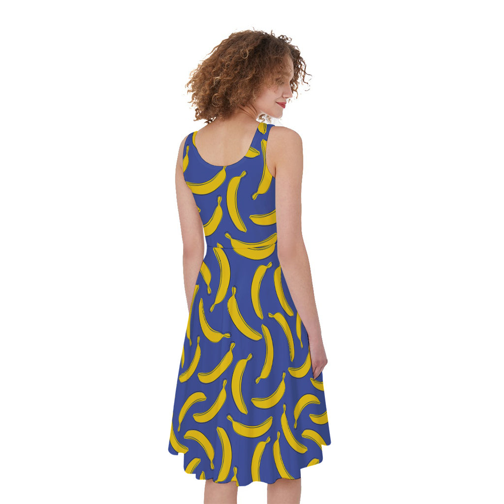 Blue And Yellow Banana Pattern Print Women's Sleeveless Dress