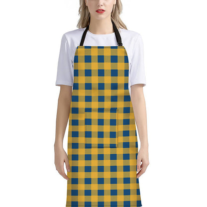 Blue And Yellow Buffalo Check Print Bib Apron With Pocket