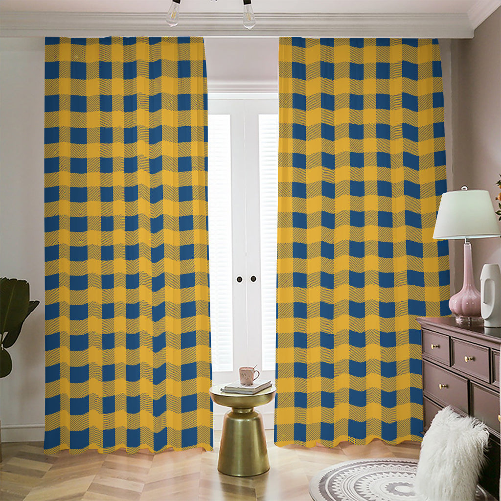 Blue And Yellow Buffalo Check Print Blackout Pencil Pleat Curtains