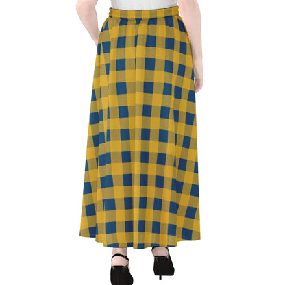 Blue And Yellow Buffalo Check Print Chiffon Maxi Skirt