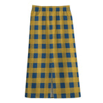 Blue And Yellow Buffalo Check Print Cotton Front Slit Maxi Skirt