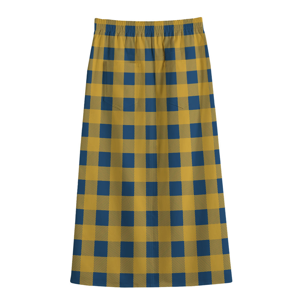 Blue And Yellow Buffalo Check Print Cotton Front Slit Maxi Skirt