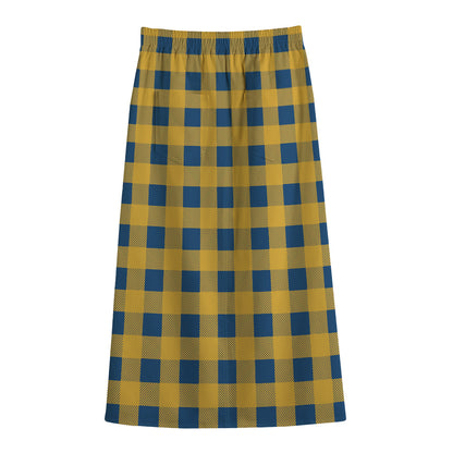 Blue And Yellow Buffalo Check Print Cotton Front Slit Maxi Skirt