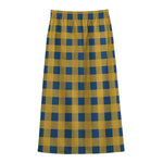 Blue And Yellow Buffalo Check Print Cotton Front Slit Maxi Skirt